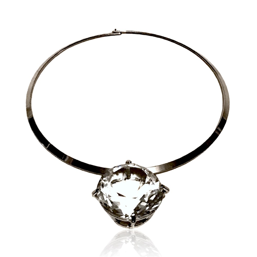Big Diamond Cut Crystal Choker  Party Pageant Necklace Silver Tone